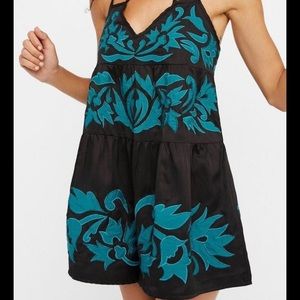 NWT Free People Black Teal Embroidered Romper L